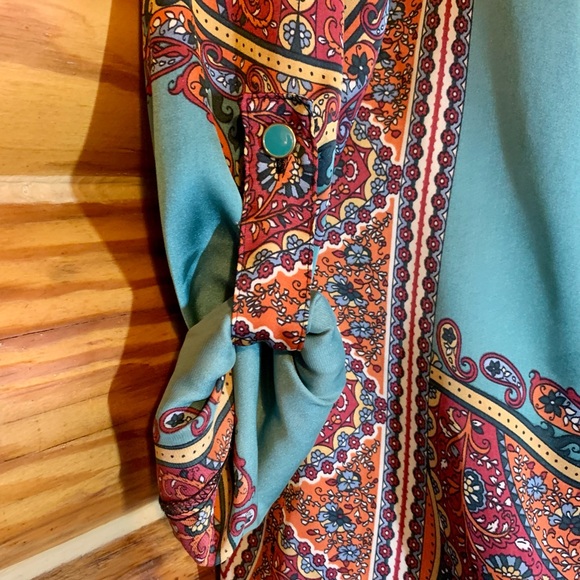 NY Collection Bohemian Boho Satin Blouse Shirt Medium - Picture 5 of 9